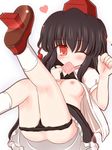  black_hair blush breasts condom condom_in_mouth hat heart looking_at_viewer mouth_hold nipples one_eye_closed open_clothes open_shirt panties panty_pull pussy red_eyes ry shameimaru_aya shirt short_hair small_breasts solo tokin_hat touhou underwear 