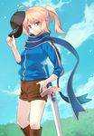  ahoge artoria_pendragon_(all) azu baseball_cap blonde_hair blue_scarf boots cloud day excalibur fate/stay_night fate_(series) green_eyes hand_on_hip hat hat_removed headwear_removed highres jacket long_hair mysterious_heroine_x rojiura_satsuki:_chapter_heroine_sanctuary scarf shorts sky solo sword track_jacket weapon 