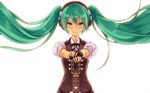  2d dress fingerless_gloves gloves green_eyes green_hair guitar hatsune_miku headphones highres instrument long_hair nail_polish smile solo twintails very_long_hair vocaloid white_background 