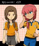  alternate_hairstyle armband blue_eyes brown_hair hairstyle_switch inazuma_eleven_(series) inazuma_eleven_go kirino_ranmaru kurosaki_makoto letterboxed lightning_bolt long_hair male_focus mizuhara_aki multiple_boys open_mouth pink_hair raimon raimon_soccer_uniform red_eyes seidouzan seidouzan_soccer_uniform soccer_uniform sportswear twintails 