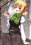  apple black_legwear blonde_hair blush breasts food fruit hair_ribbon large_breasts long_sleeves nakamura_kusata older open_mouth pantyhose red_eyes ribbon rumia scarf short_hair sitting snow solo touhou 