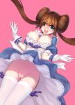  blue_eyes blush breasts brown_hair double_bun gloves highres large_breasts long_hair looking_at_viewer mei_(pokemon) nipples no_panties pink_background pokemon pokemon_(game) pokemon_bw2 pussy ririko_(zhuoyandesailaer) simple_background solo tears thighhighs twintails white_legwear 