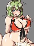  1boy 1girl ahoge blue_eyes bottomless bra breasts cowgirl_position cum cum_pool curvy green_hair highres large_breasts maboroshi_kirin navel open_mouth red_bra see-through sex short_hair simple_background sketch straddling tongue underwear 