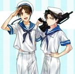  bad_id bad_pixiv_id black_hair brown_hair eren_yeager gun hat kenao levi_(shingeki_no_kyojin) multiple_boys sailor sailor_hat shingeki_no_kyojin weapon 