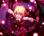  :d black_dress blonde_hair danmaku dress fang hair_ribbon highres kuroyume_(dark495) long_sleeves looking_at_viewer necktie open_mouth outstretched_arms red_eyes ribbon rumia shirt smile solo touhou 