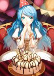  balloon blue_eyes blue_hair cake dress food hat kankito long_hair original party_hat ribbon smile solo table 