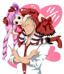  1boy 1girl black_legwear bow green_hair grin isuka kuraigana_island long_hair necktie one_piece perona pink_hair pocky roronoa_zoro skirt smile striped striped_legwear thighhighs tongue twintails very_long_hair white_legwear 