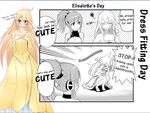  blonde_hair blue_eyes blush comic cosmic_break dress elisalotte long_hair melfi morizo_cs multiple_girls official_art partial_monochrome ponytail tsundere 