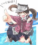  brown_eyes brown_hair cannon kantai_collection long_hair open_mouth pointing ryuujou_(kantai_collection) skirt smile solo symbol-shaped_pupils taker_(flamestorm) translated twintails visor_cap 