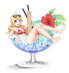  anklet bad_id bad_pixiv_id barefoot bikini blonde_hair blue_eyes eyewear_on_head food glass goblet highres ice jewelry kim_bae-eo long_hair original oversized_object pocky polka_dot polka_dot_bikini polka_dot_swimsuit popsicle_stick solo sunglasses swimsuit 