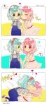  ! &gt;:) /\/\/\ 2girls 3koma :&gt; =3 ? aqua_hair bandanna bang_dream! bangs belt cheek_kiss comic commentary_request dress eyebrows_visible_through_hair eyes_closed faceless frilled_dress frills green_eyes hairband hand_holding heart high_heels highres hikawa_hina kiss looking_at_another maruyama_aya medium_hair multiple_girls overalls pink_dress pink_eyes pink_hair pushing_down red_bandana red_hairband shi_noyuki shirt short_hair short_sleeves side_braids spoken_exclamation_mark spoken_question_mark striped striped_dress striped_shirt sweatdrop translation_request twitter_username v-shaped_eyebrows white_hairband yuri 