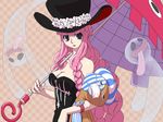  1girl bare_shoulders breasts cleavage female ghost hat highres kumacy lipstick long_hair looking_at_viewer makeup one_piece parasol perona pink_hair red_lipstick sabaody_archipelago smile solo stuffed_animal stuffed_toy tongue umbrella very_long_hair 