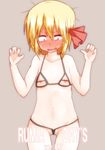  blonde_hair blush embarrassed full-face_blush grey_background hair_ribbon highres looking_down midriff navel red_eyes ribbon rumia short_hair simple_background solo stomach sweatdrop takorice touhou wide-eyed 
