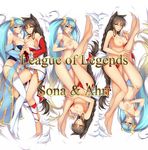  ahri animal_ears barefoot bed_sheet black_hair blonde_hair blue_eyes blue_hair blue_panties blush braid breasts character_name copyright_name dakimakura dean fox_ears gradient_hair hair_ornament highres interlocked_fingers league_of_legends long_hair lying medium_breasts multicolored_hair multiple_girls nipples open_mouth panties red_eyes red_panties side-tie_panties single_thighhigh smile sona_buvelle thighhighs tongue tongue_out twintails underwear white_legwear white_panties yellow_eyes 