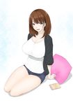  anegasaki_nene breasts brown_eyes brown_hair denim denim_shorts large_breasts libre looking_at_viewer love_plus mole mole_under_eye pillow seiza shorts sitting solo 