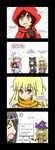  &gt;_&lt; 4koma ahoge anger_vein black_hair blake_belladonna blonde_hair bow cape closed_eyes comic cosplay english fang gloves hair_bow hat highres kirisame_marisa kirisame_marisa_(cosplay) long_hair lunarisaileron multiple_girls open_mouth ponytail profile purple_eyes red_hair ruby_rose rwby short_hair smile speech_bubble sweatdrop touhou weiss_schnee white_hair witch_hat yang_xiao_long yellow_eyes younger 