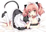  ahoge animal_ears bad_id bad_pixiv_id breasts brown_eyes cat_ears cat_tail cleavage collar cookie eating food inu_x_boku_ss large_breasts maid maid_headdress pink_hair roromiya_karuta solo tail twintails vanilla_(shade) wrist_cuffs 