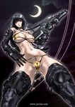  1girl black_hair breasts gun large_breasts long_hair moon night solo weapon yuri_ai 