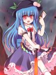  blue_hair dress food fruit hat hinanawi_tenshi long_hair open_mouth peach red_eyes ry skirt smile solo spell_card sword sword_of_hisou touhou weapon 