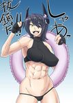  abs black_hair breasts erect_nipples eyepatch fingerless_gloves gloves kantai_collection kurenai_yuuji large_breasts muscle one-eyed one_eye open_mouth short_hair solo swimsuit tenryuu_(kantai_collection) toned yellow_eyes 