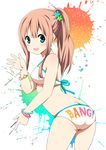  ass bangle bikini blue_eyes bracelet brown_hair butt_crack clothes_writing gradient gradient_background hair_ornament hair_tie jewelry leaning_forward long_hair open_mouth original paint_splatter pointing ponytail ragho_no_erika smile solo star star_hair_ornament swimsuit waving 