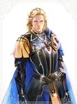  armor belt blonde_hair blue_eyes breastplate cape crest dragon's_dogma faulds gauntlets julien_(dragon's_dogma) long_hair male_focus realistic solo white_background wolfina 