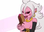  animated big_breasts bracelet breasts dragon_ball dragon_ball_fighterz ear_piercing female food hair humanoid jelly jewelry majin_android_21 melieconiek not_furry pastry piercing pink_eyes pink_skin pointy_ears simple_background solo suggestive suggestive_food tongue white_hair 