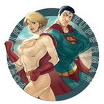  1girl bad_id bad_pixiv_id black_hair blonde_hair blue_eyes breasts cape cleavage cleavage_cutout cousins crossed_arms dc_comics gloves highres kanataria large_breasts leotard lips power_girl short_hair superman 