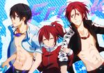  2boys arm_holding black_hair blue_eyes boy_sandwich closed_eyes free! goggles goggles_around_neck jacket jammers long_hair matsuoka_gou matsuoka_rin md5_mismatch multiple_boys nanase_haruka_(free!) open_clothes open_jacket ponytail red_eyes red_hair sandwiched teeth tierra818 track_jacket 