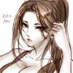  1girl breasts cleavage fatal_fury jeongmito king_of_fighters large_breasts long_hair lowres monochrome ponytail shiranui_mai solo 
