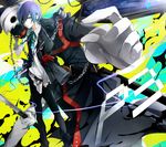  armband blue_eyes blue_hair chain daenarys digital_media_player evoker gun hair_over_one_eye headphones male_focus persona persona_3 school_uniform solo sword thanatos weapon yuuki_makoto 