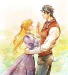  1girl black_hair blonde_hair blue_hair couple dress erina_pendleton flower hair_flower hair_ornament hetero jojo_no_kimyou_na_bouken jonathan_joestar long_hair md5_mismatch phantom_blood profile shiranui02 