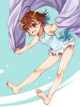  :d ahoge barefoot blue_background brown_eyes brown_hair casual_one-piece_swimsuit feet last_order one-piece_swimsuit open_mouth outstretched_arms short_hair smile soles spread_arms swimsuit tenkuu_sphere to_aru_majutsu_no_index towel 