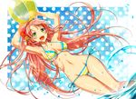  ball beachball bikini earrings flower green_eyes hair_flower hair_ornament happy highres jewelry long_hair md5_mismatch murakami_yuichi navel ocean original pink_hair side-tie_bikini solo striped striped_bikini swimsuit thigh_gap very_long_hair wading water wet 