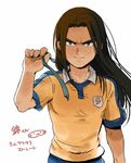  brown_eyes brown_hair hair_down inazuma_eleven_(series) inazuma_eleven_go lightning_bolt long_hair male_focus mizuhara_aki nishiki_ryouma raimon raimon_soccer_uniform simple_background soccer_uniform solo sportswear upper_body white_background 