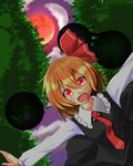  blonde_hair cloud fang forest full_moon hair_ribbon highres long_sleeves moon nature necktie night open_mouth outdoors outstretched_arms purple_sky red_eyes red_moon red_neckwear ribbon rumia short_hair skirt skirt_set slit_pupils solo sphere spread_arms takupopn_player touhou 