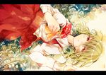  ascot flower grass green_hair half-closed_eyes kaio_(watagami) kazami_yuuka letterboxed lily_of_the_valley long_sleeves lying on_back open_clothes open_vest red_eyes shirt skirt skirt_set solo touhou vest 