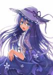  blue_eyes bow dress floral_print hat lolita_fashion long_hair looking_at_viewer looking_back open_mouth original purple purple_hair ribbon simple_background skirt_hold smile solo terras white_background 