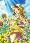  ;d anklet barefoot brown_hair cloud day flower green_eyes happy highres jewelry light_rays long_hair one_eye_closed open_mouth original skirt sky smile solo sunbeam sunflower sunlight tayashitsu yellow_skirt 