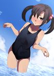  black_hair black_school_swimsuit blush brown_eyes bulge commentary_request crossdressing erection erection_under_clothes hair_bobbles hair_ornament highres looking_at_viewer male_focus one-piece_swimsuit original otoko_no_ko school_swimsuit short_hair solo swimsuit wachiwo wet 