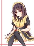  akasaka_ryuunosuke alternate_costume black_legwear blush brown_eyes brown_hair crossdressing dress enmaided expressionless holding knees_together_feet_apart long_hair maid maid_headdress male_focus nanase_eka otoko_no_ko sakura-sou_no_pet_na_kanojo simple_background sitting solo thighhighs tomato white_background 