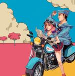  1girl black_hair dixie_cup_hat goggles goggles_on_head ground_vehicle hat helmet higashikata_jousuke_(jojolion) hirose_yasuho jojo_no_kimyou_na_bouken jojolion kaname_(emanalc) military_hat motor_vehicle motorcycle motorcycle_helmet pink_hair 