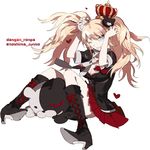  blue_eyes boots breasts character_name cleavage copyright_name crown danganronpa danganronpa_1 enoshima_junko high_heels knee_boots medium_breasts monokuma necktie one_eye_closed pink_hair skirt sleeves_rolled_up spoilers starshadowmagician twintails 