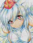  animal_ears bare_shoulders breasts colored_pencil_(medium) detached_sleeves face hat highres inubashiri_momiji kitazinger large_breasts red_eyes short_hair sideboob silver_hair solo tail tokin_hat touhou traditional_media wolf_ears wolf_tail 