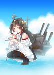  bad_id bad_pixiv_id braid brown_hair cup drinking hairband japanese_clothes kantai_collection kongou_(kantai_collection) koruri machinery plate solo squatting thighhighs turret yellow_eyes 