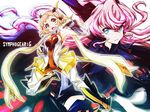  armor bad_id bad_pixiv_id bare_shoulders blue_eyes bodysuit brown_hair headphones long_hair maria_cadenzavna_eve multiple_girls nanai orange_eyes pink_hair scarf senki_zesshou_symphogear short_hair tachibana_hibiki_(symphogear) 