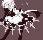  apron braid dress hair_over_one_eye izayoi_sakuya knife maid maid_headdress monochrome mouth_hold pantyhose red_eyes shiroki_(ikamirinmgmg) short_hair solo spot_color too_many too_many_knives touhou twin_braids waist_apron 