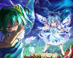  angry bad_id bad_pixiv_id bandaid barefoot blue_eyes blue_hair bow bullying cirno clenched_teeth crossed_arms daiyousei dress fairy_wings flower gradient gradient_background green_eyes green_hair hair_bow hair_ribbon hutaba123 ice ice_wings light_particles looking_at_another multiple_girls one_eye_closed open_mouth pointy_ears puffy_short_sleeves puffy_sleeves ribbon scowl short_hair short_sleeves side_ponytail skirt skirt_set tears teeth touhou wings 