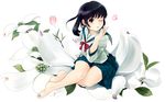  barefoot black_eyes black_hair feet flower full_body long_hair matsunaga_kouyou original petals school_uniform serafuku sitting skirt soles solo toe_scrunch toes 