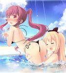  :d =_= ahoge ass beach bikini black_bikini blonde_hair blush bow breasts closed_eyes cloud day hair_bow head_on_butt long_hair multiple_girls open_mouth outdoors partially_submerged ponytail pool purple_eyes purple_hair shin_(new) side-tie_bikini small_breasts smile sugiura_ayano swimsuit toshinou_kyouko untied untied_bikini wardrobe_malfunction water yuri yuru_yuri 